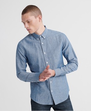 Superdry Edit Linen Button Down Férfi Hosszú Ujjú Ing Kék | NMYSJ1793